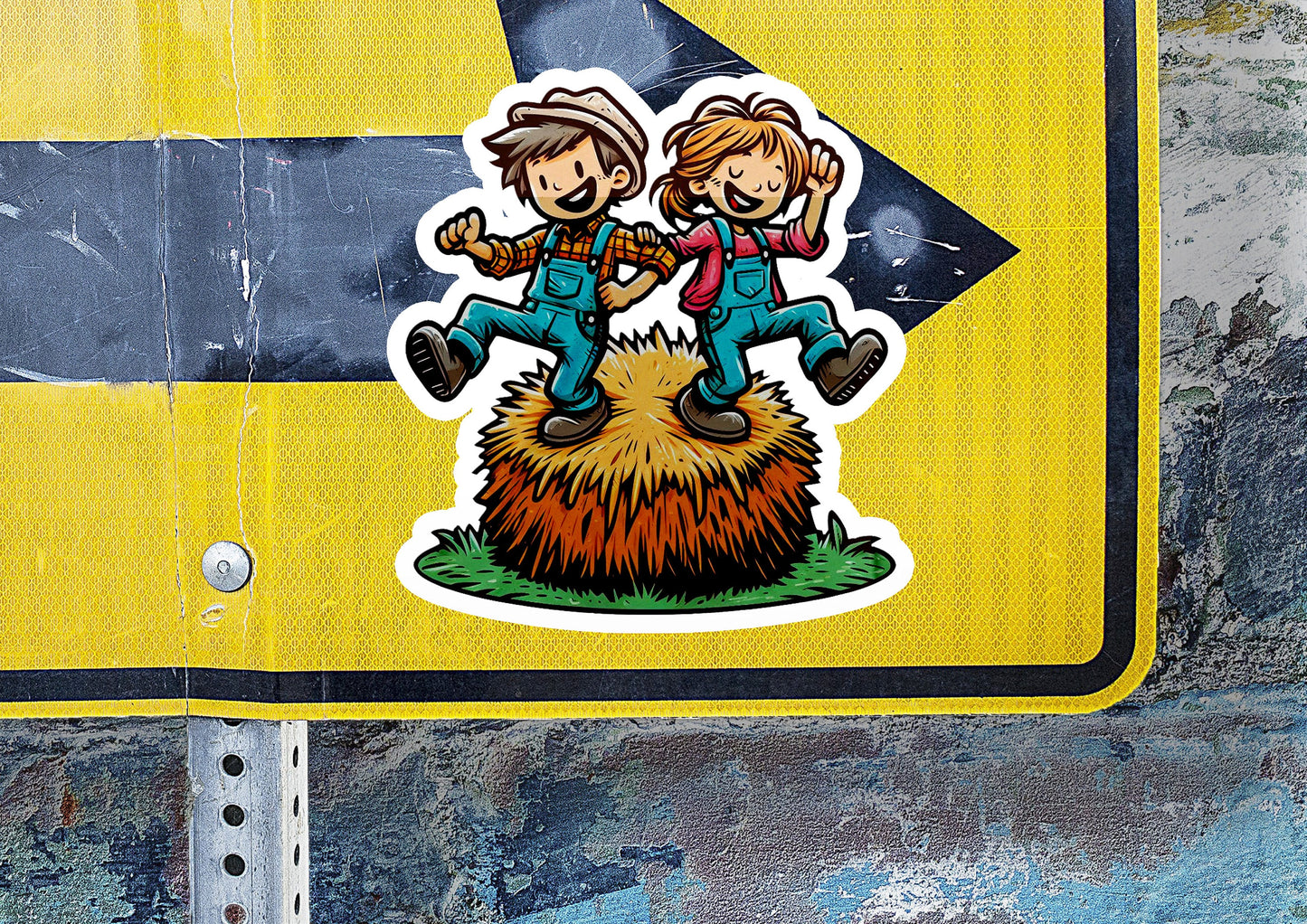 a sticker of two people jumping over a hill