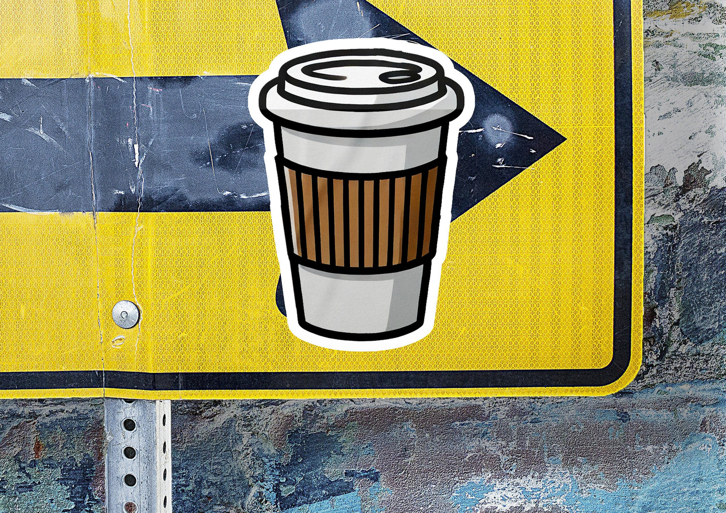 a street sign with a cup of coffee on it