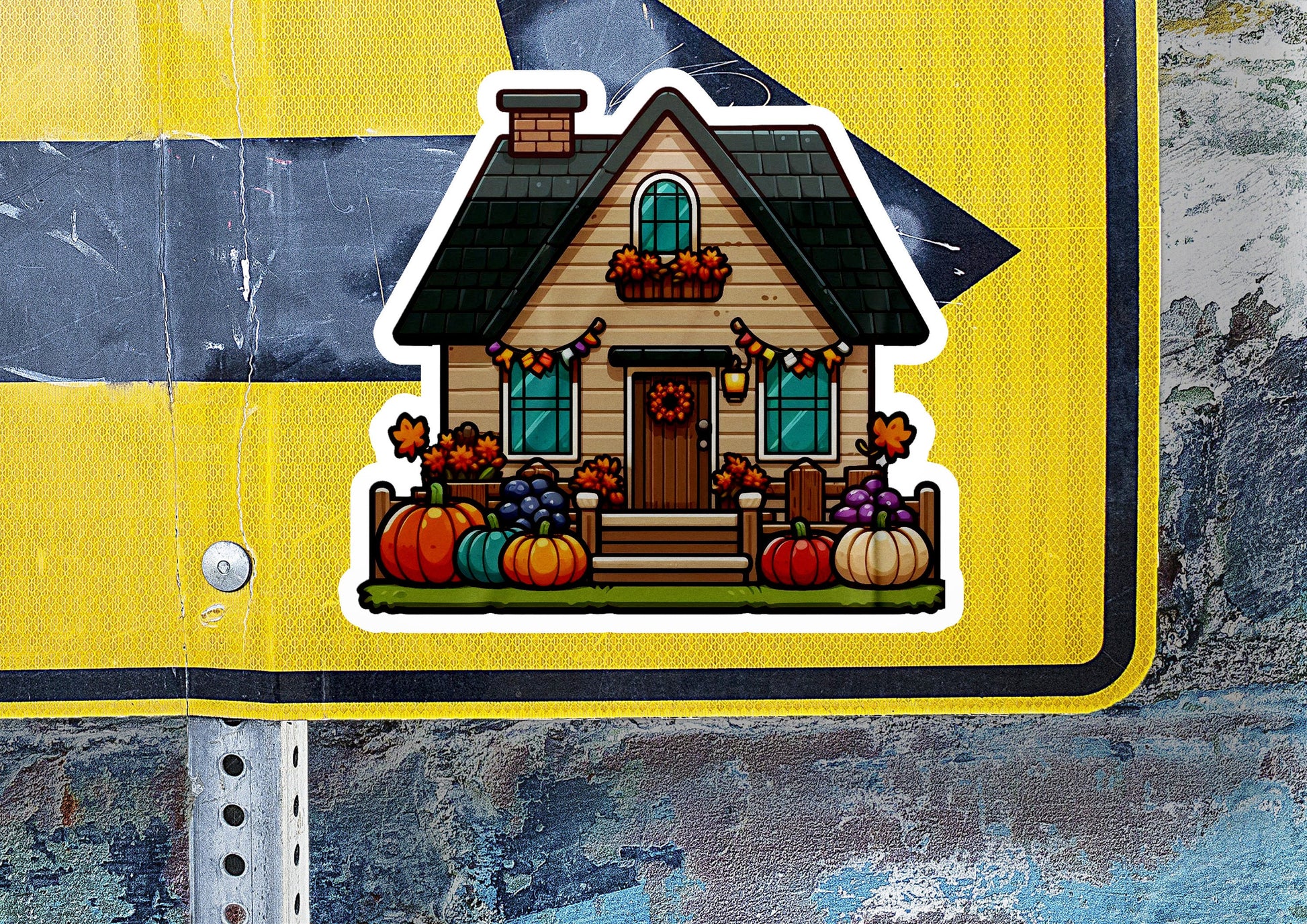 a sticker of a house on a street sign