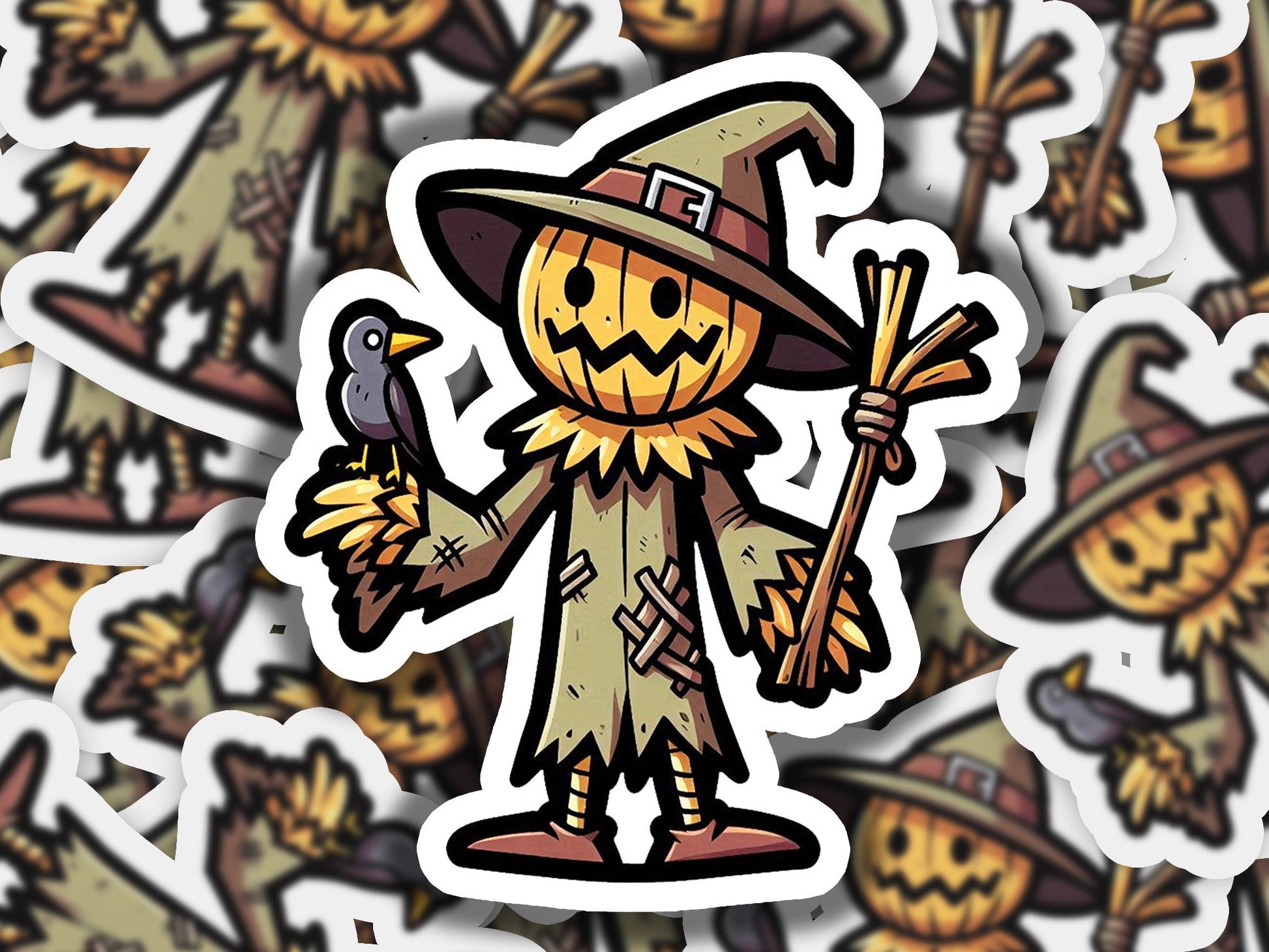 a sticker of a scarecrow holding a broom