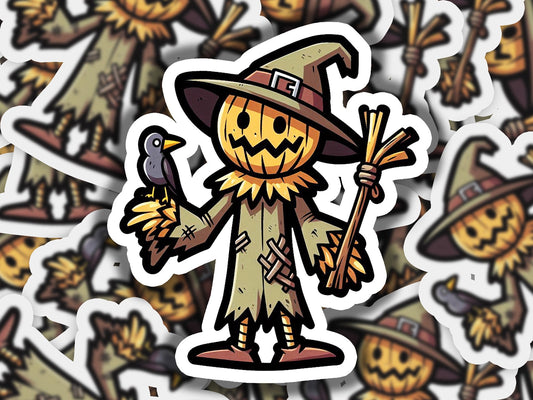 a sticker of a scarecrow holding a broom