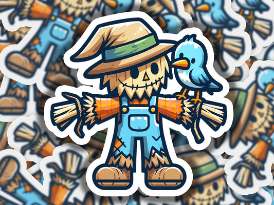 a sticker of a scarecrow holding a bird