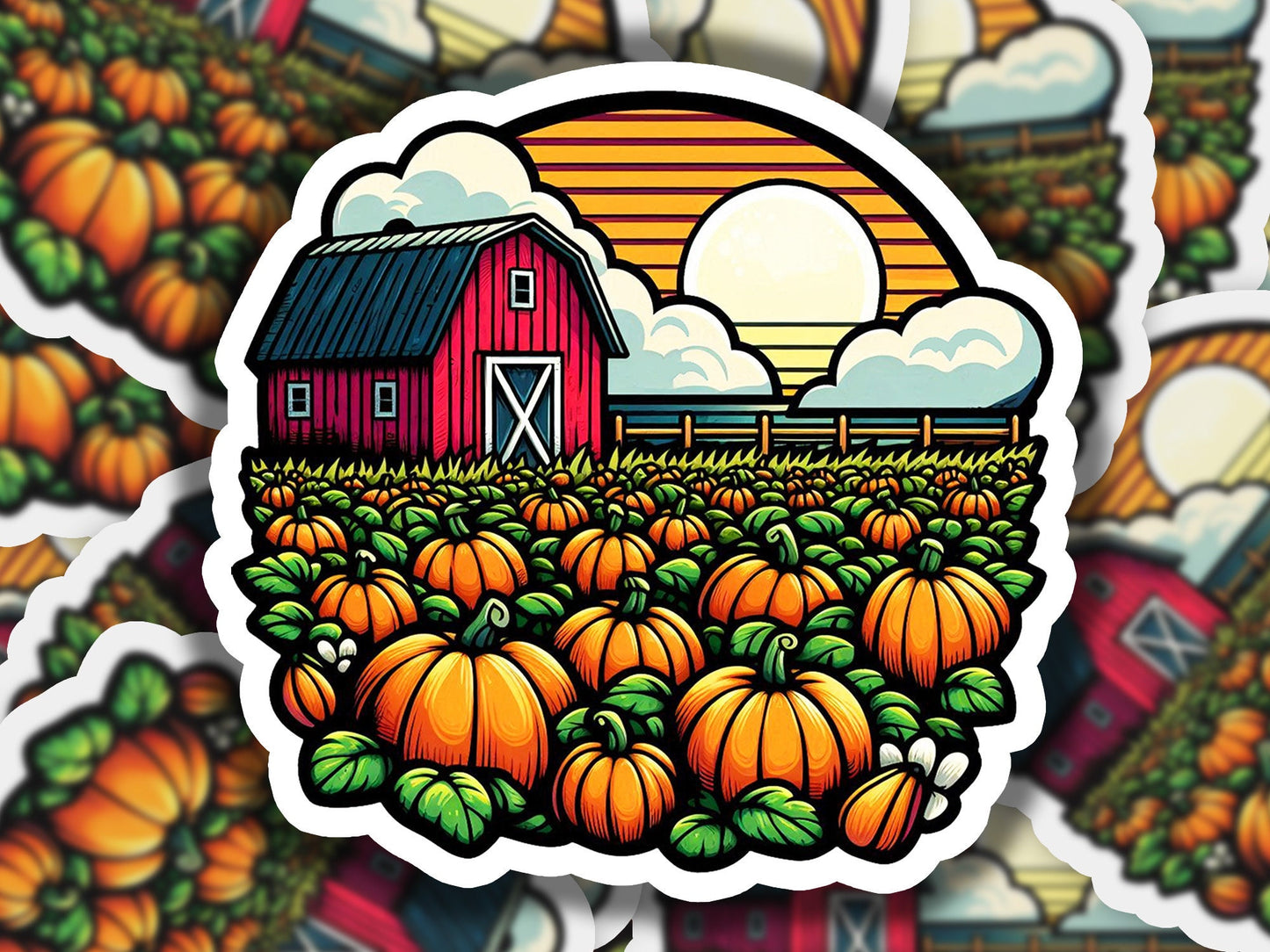 a sticker of a farm scene with pumpkins