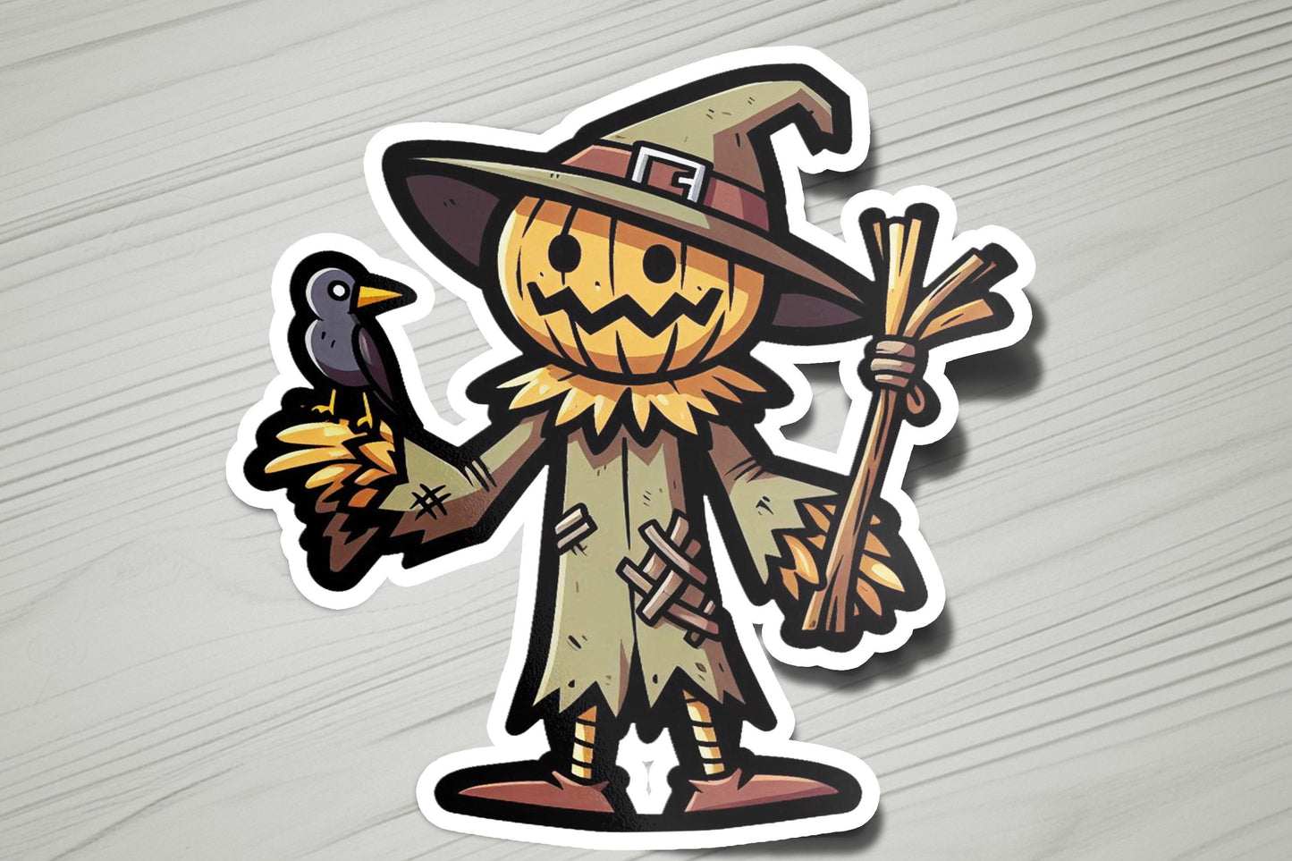 a sticker of a scarecrow holding a broom