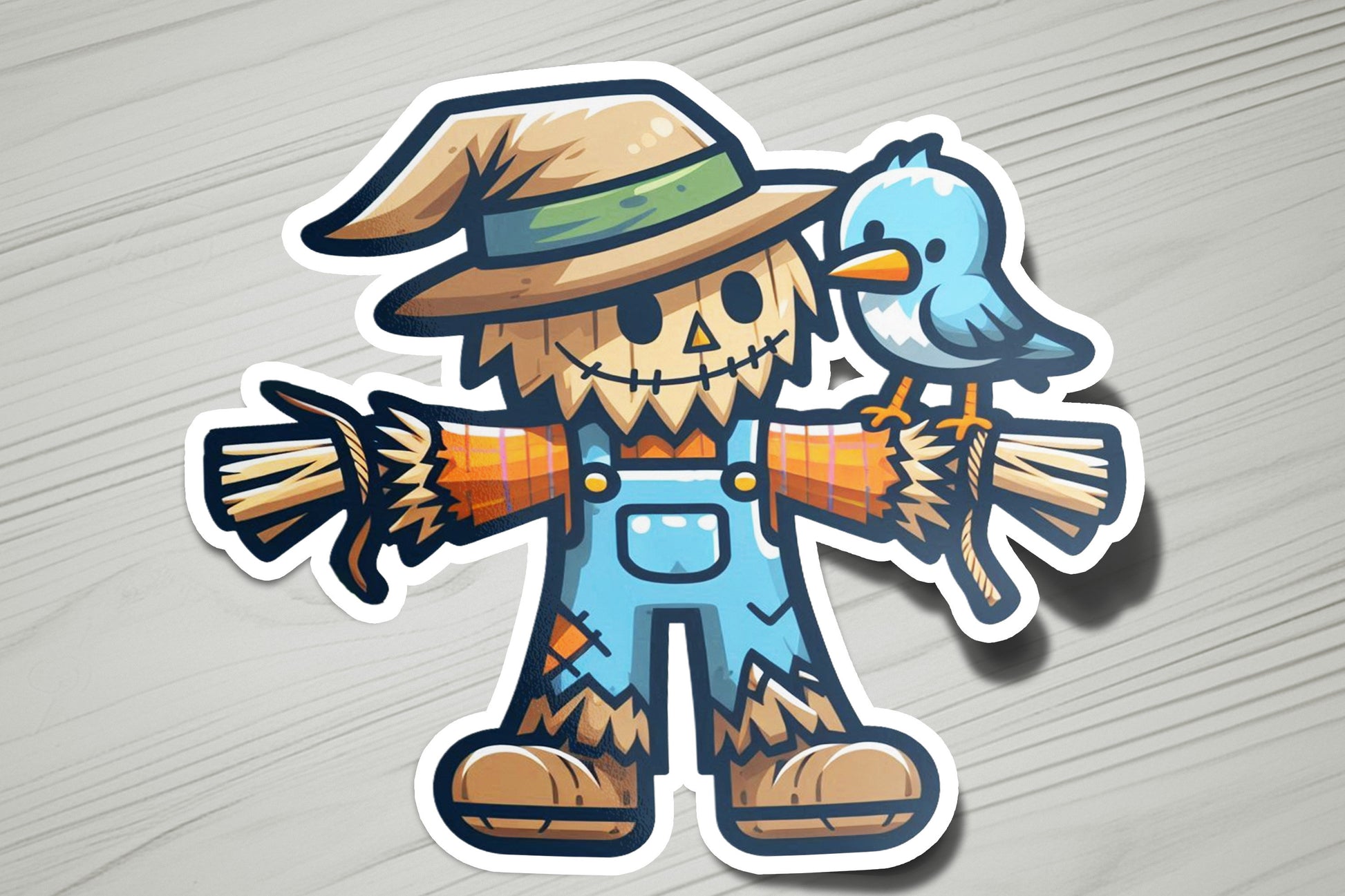 a sticker of a scarecrow holding a bird