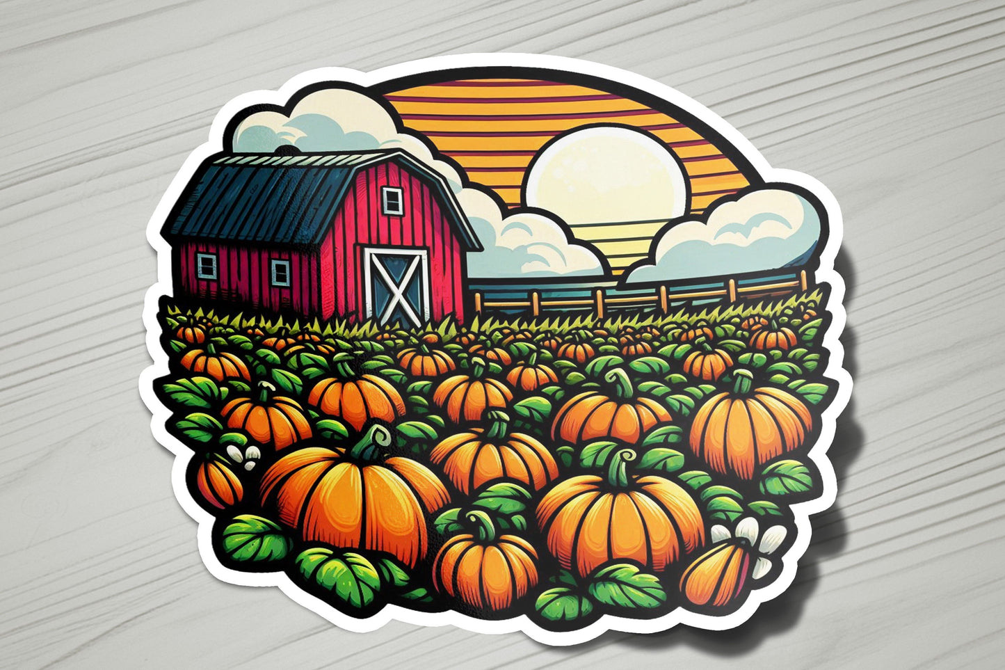 a sticker of a farm scene with pumpkins