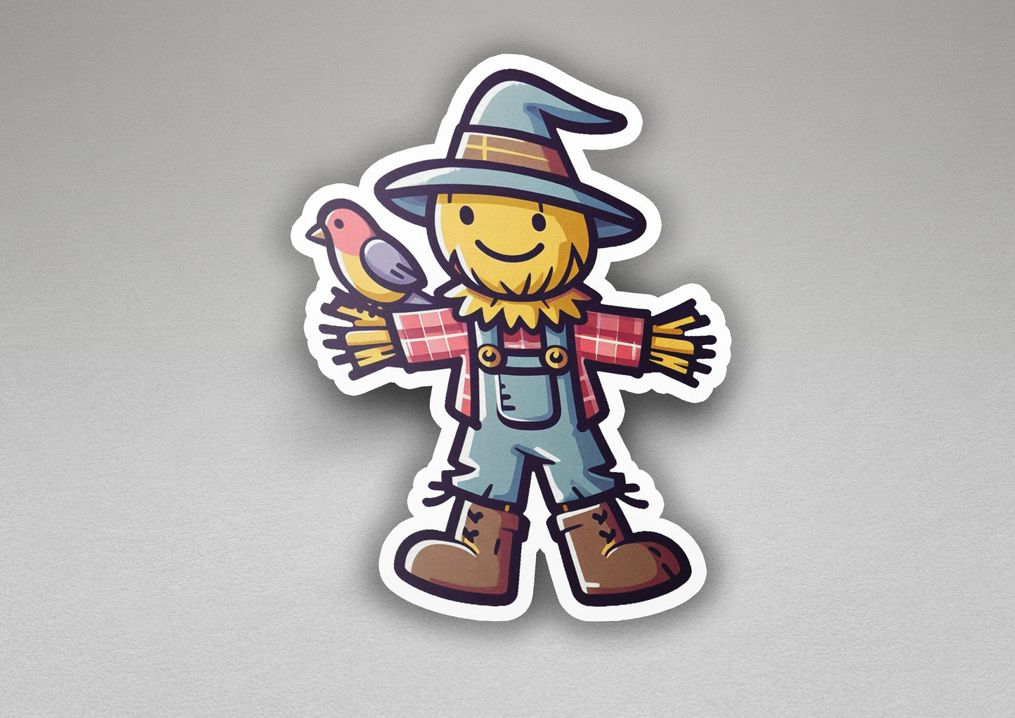 a sticker of a scarecrow holding a bird