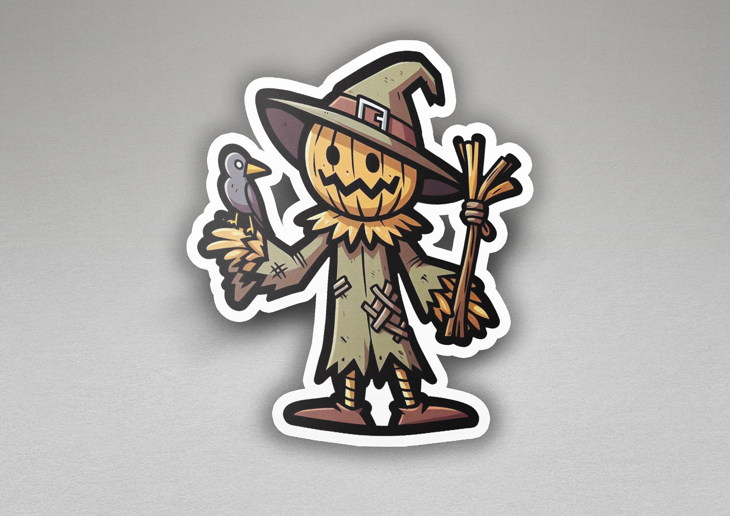 a sticker of a scarecrow holding a broom