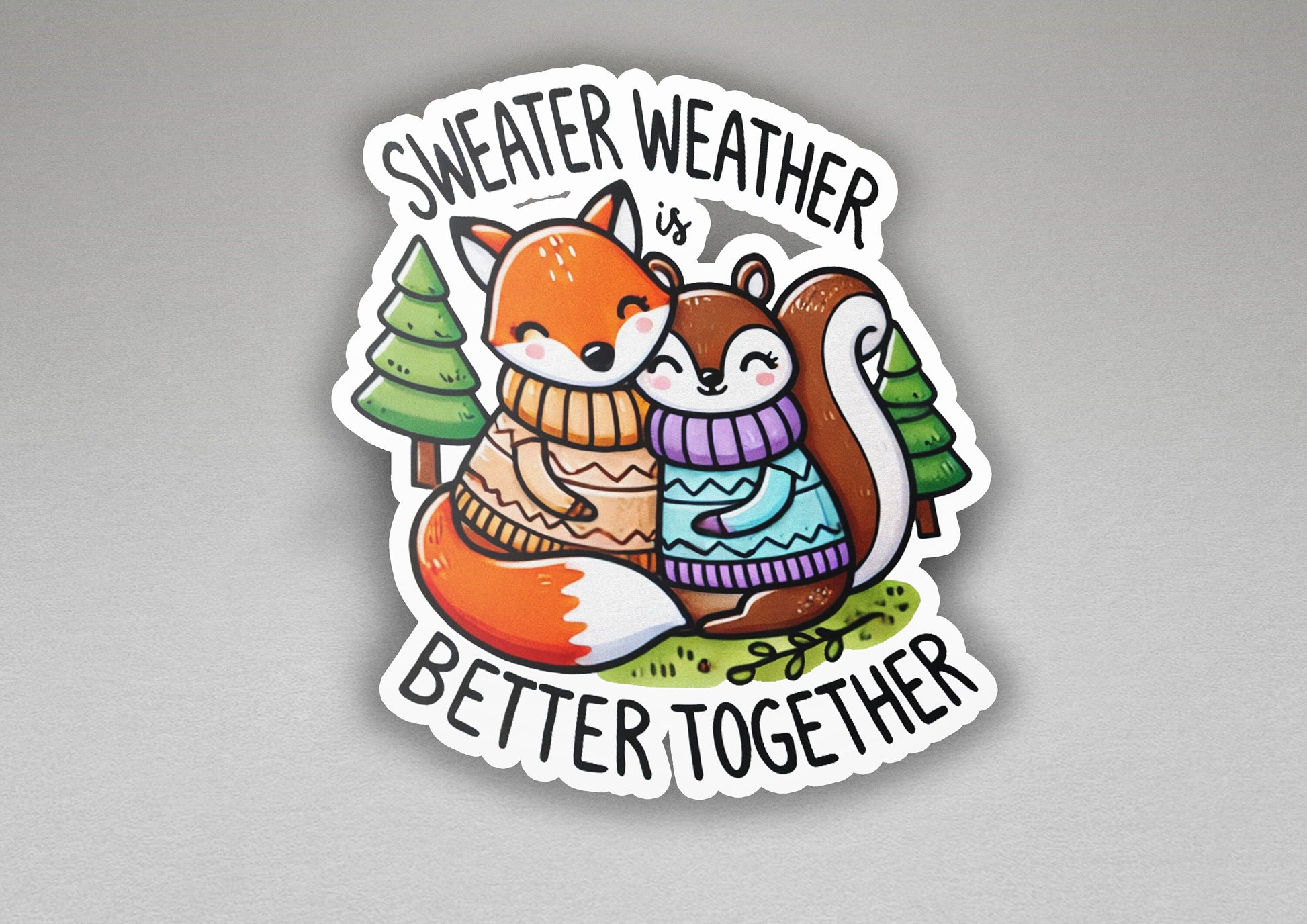 a sticker with a picture of a fox hugging a squirrel