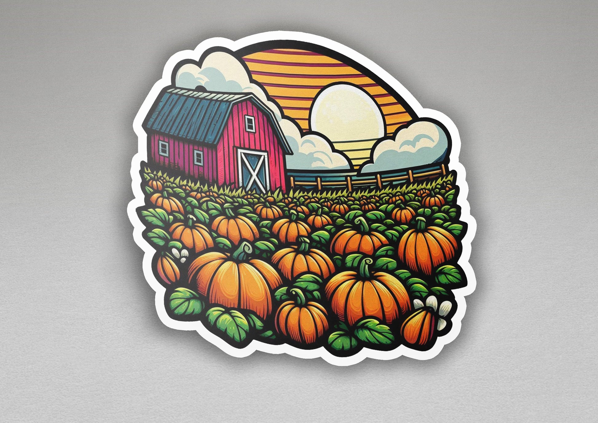 a sticker of a farm scene with pumpkins