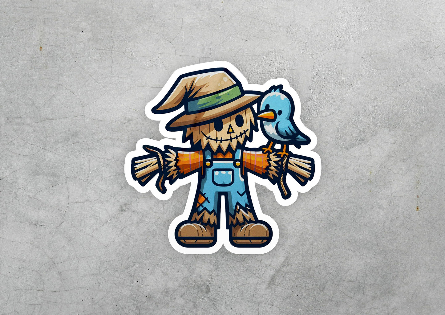 a sticker of a scarecrow holding a bird