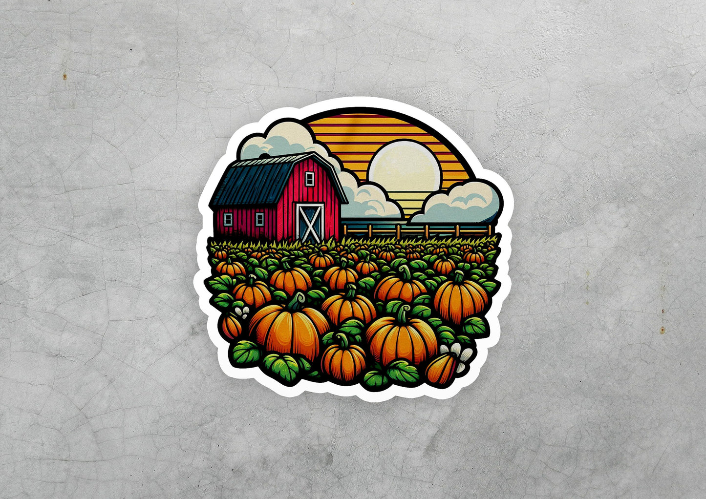 a sticker of a farm scene with pumpkins