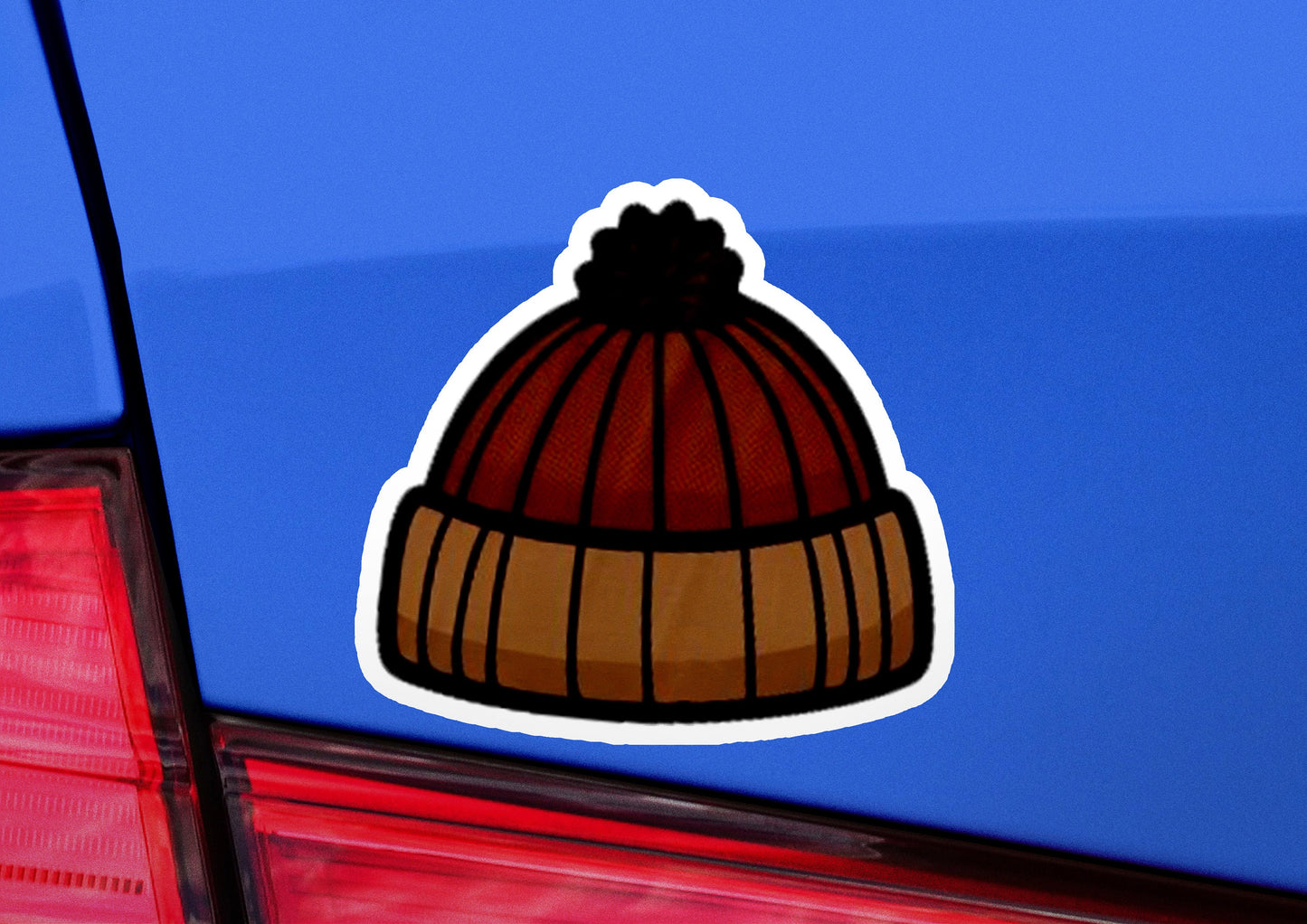 a sticker of a beanie on the back of a car