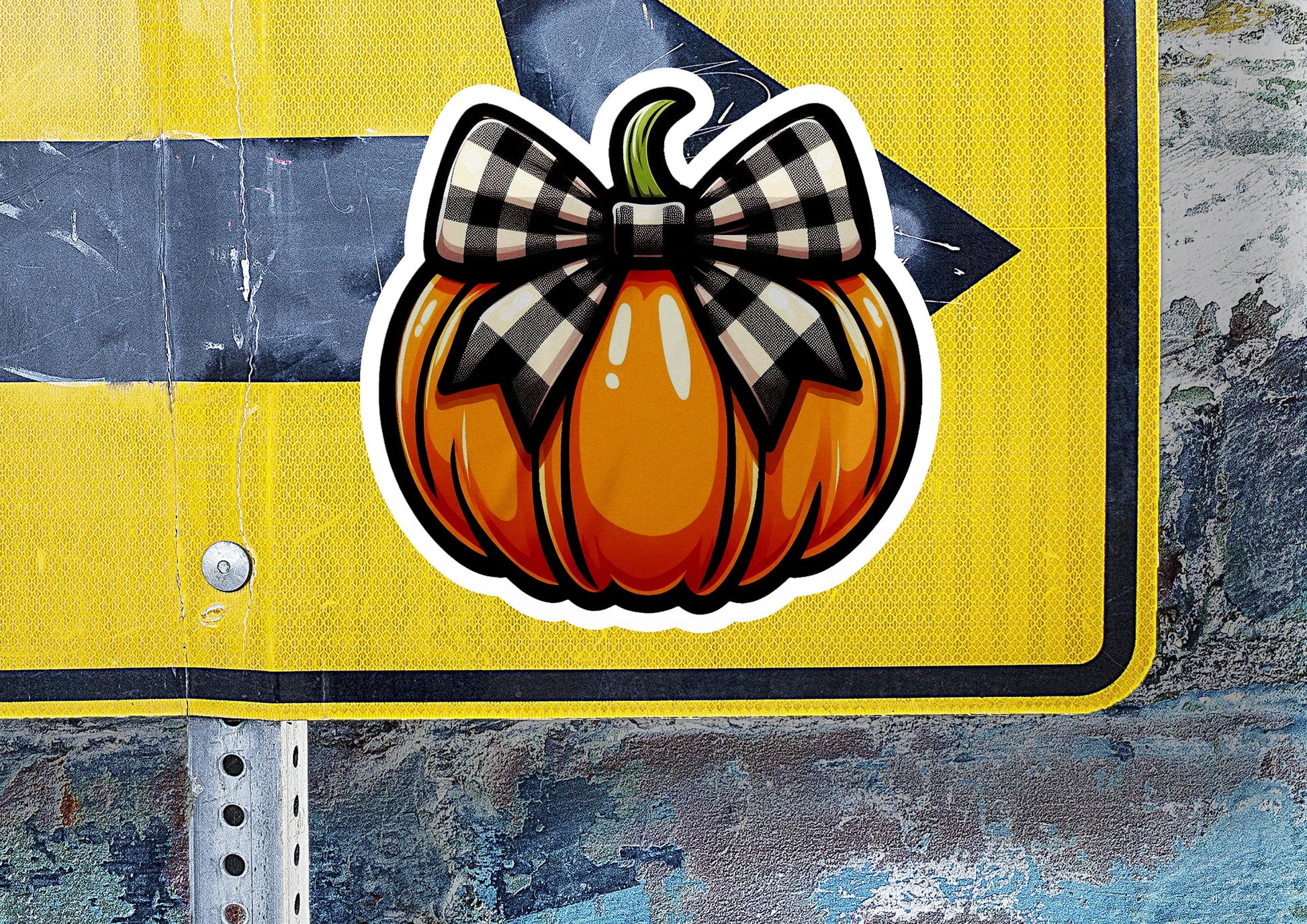 a sticker of a pumpkin with a bow on it