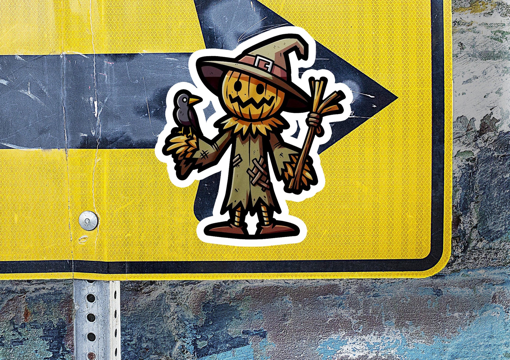 a sticker of a scarecrow wearing a hat and holding a sticker of