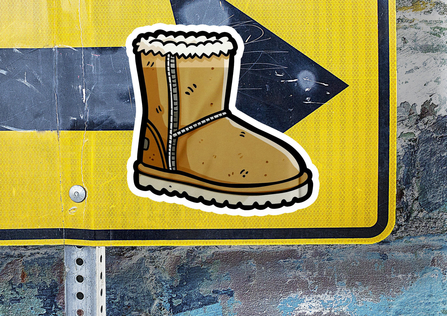 a close up of a street sign with a boot on it