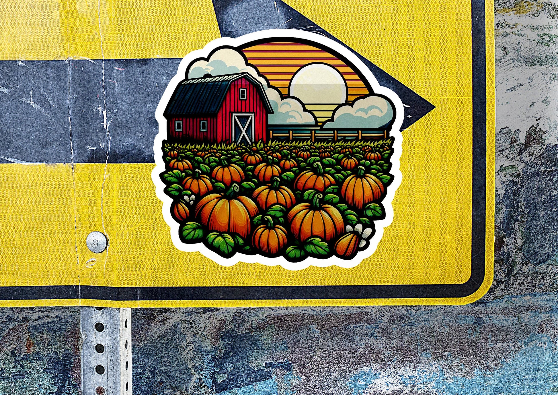 a sticker of a farm scene with pumpkins