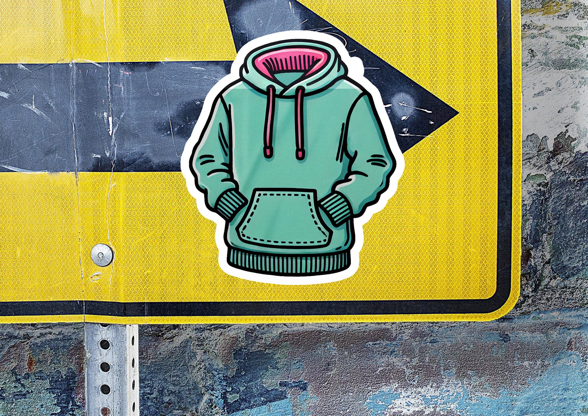 a sticker of a hoodie on a yellow sign