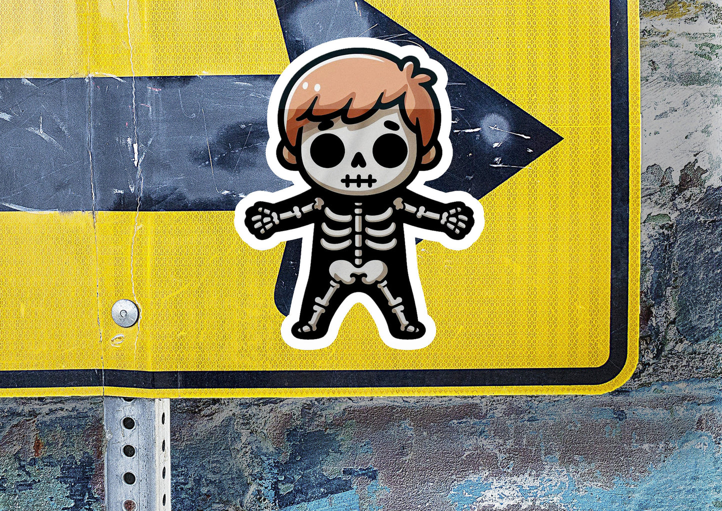 a sticker of a skeleton in a skeleton suit