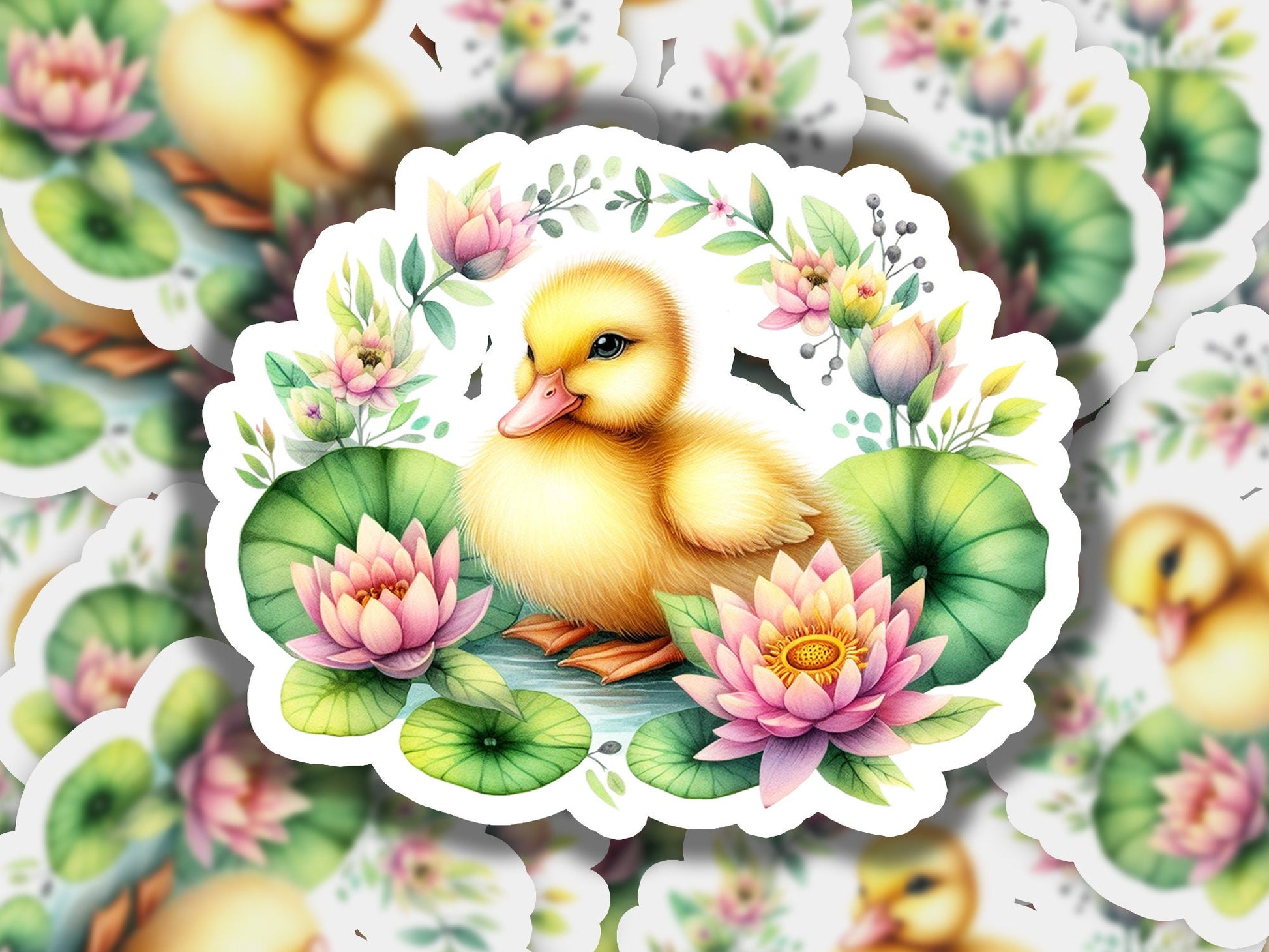 a yellow duck sitting on top of a green leaf covered field