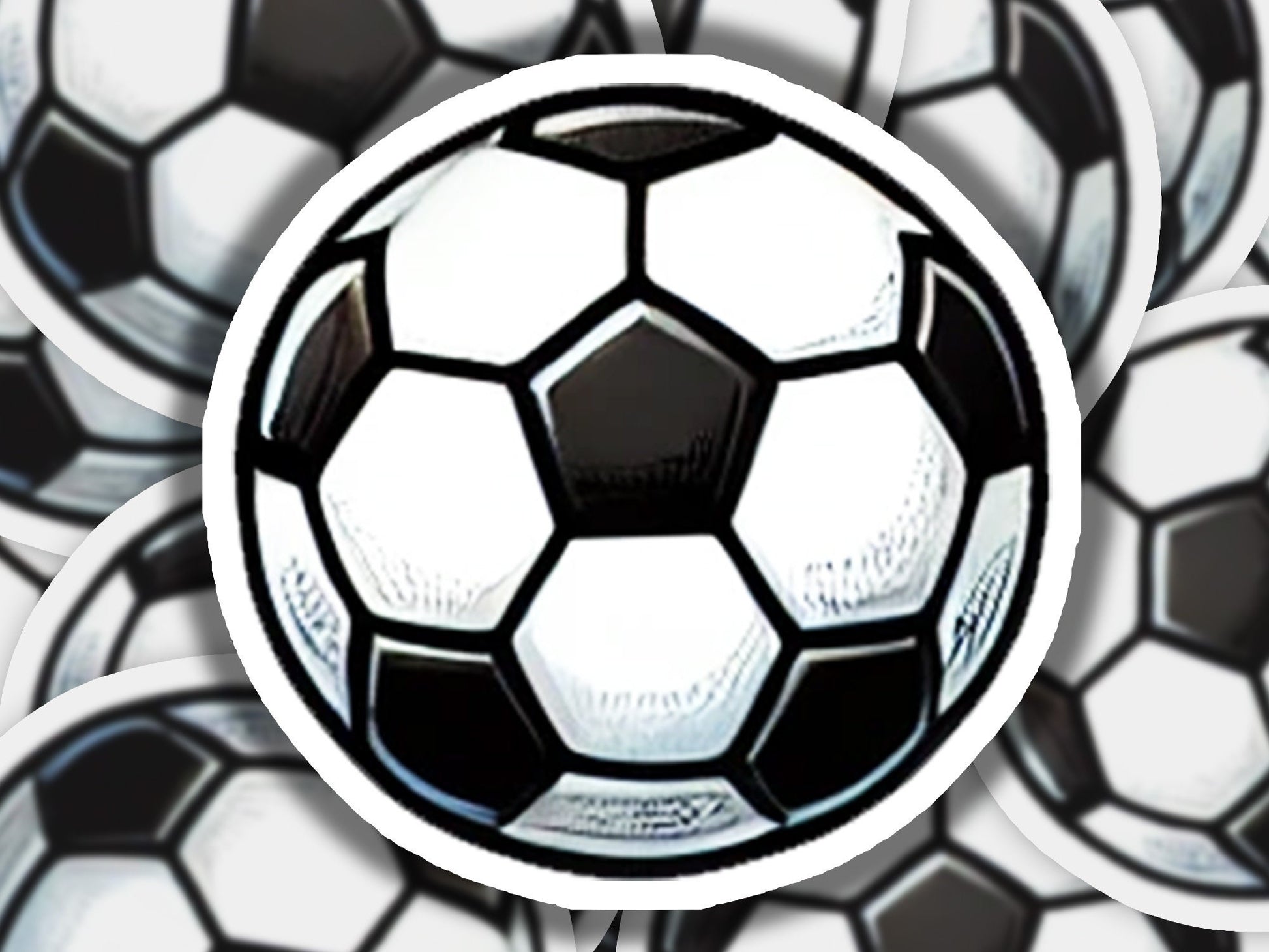 a bunch of black and white soccer balls