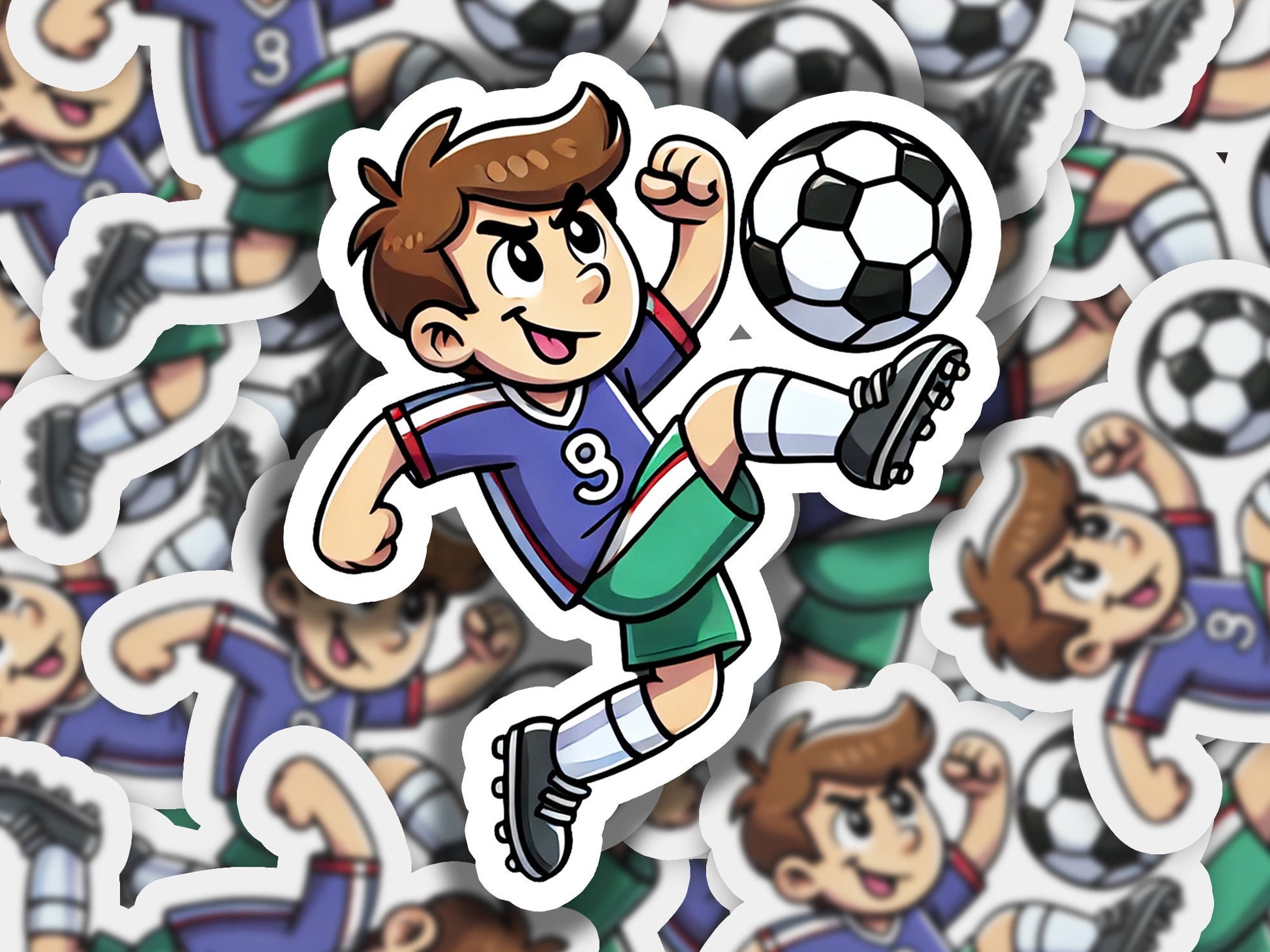 a bunch of stickers of a boy kicking a soccer ball