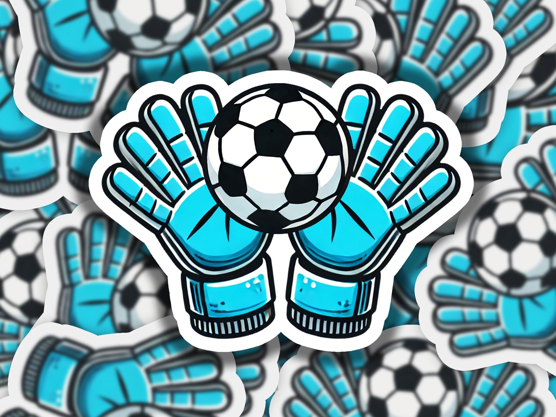 a sticker of a soccer ball and gloves