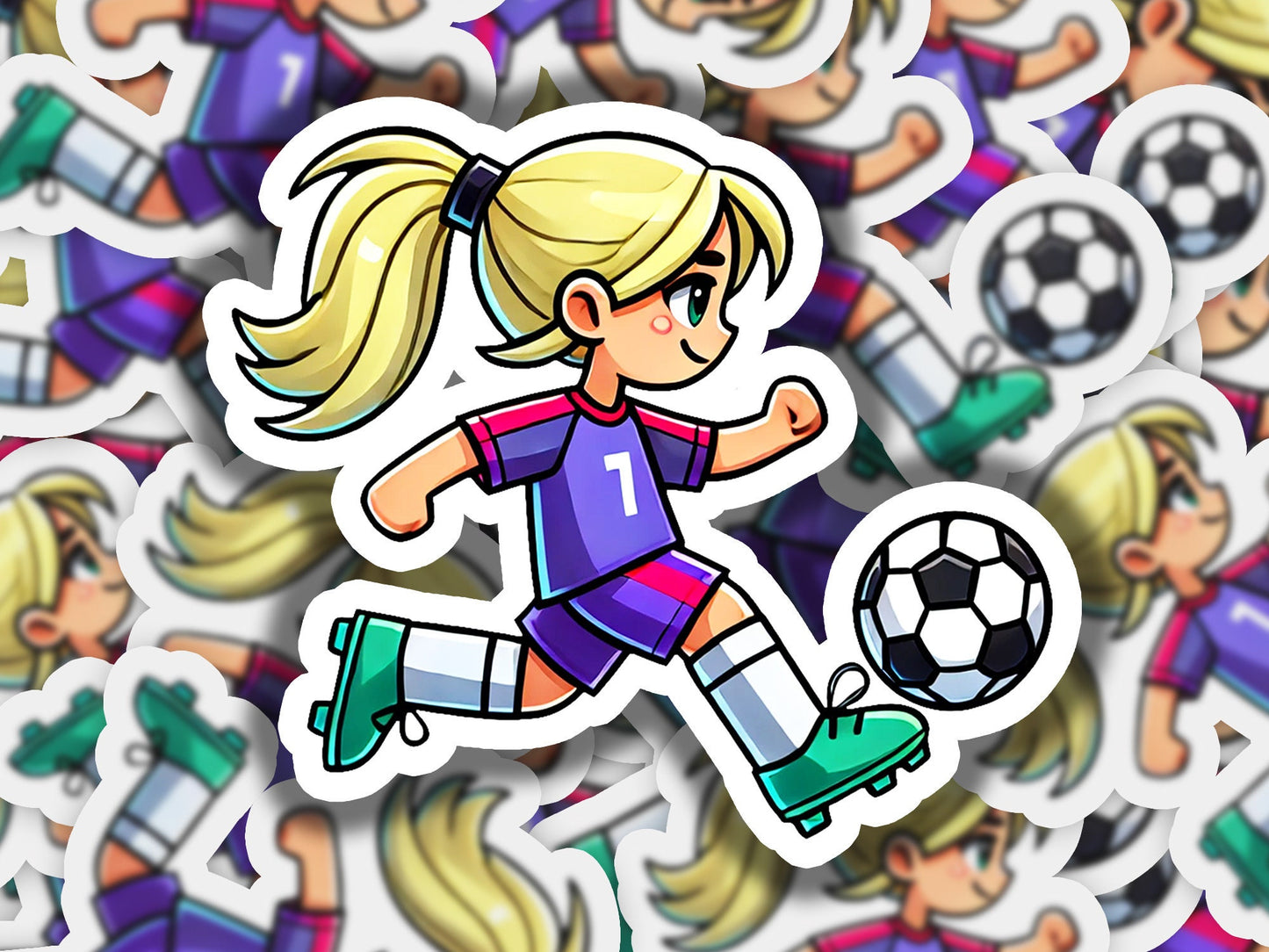 a sticker of a girl kicking a soccer ball