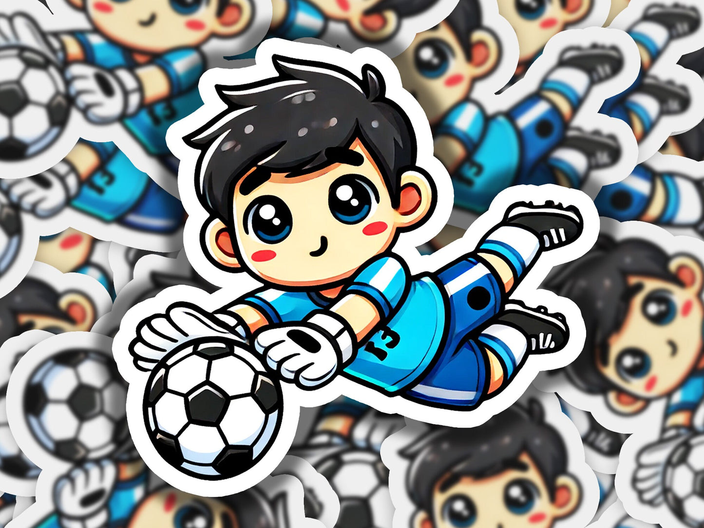 a sticker of a boy kicking a soccer ball