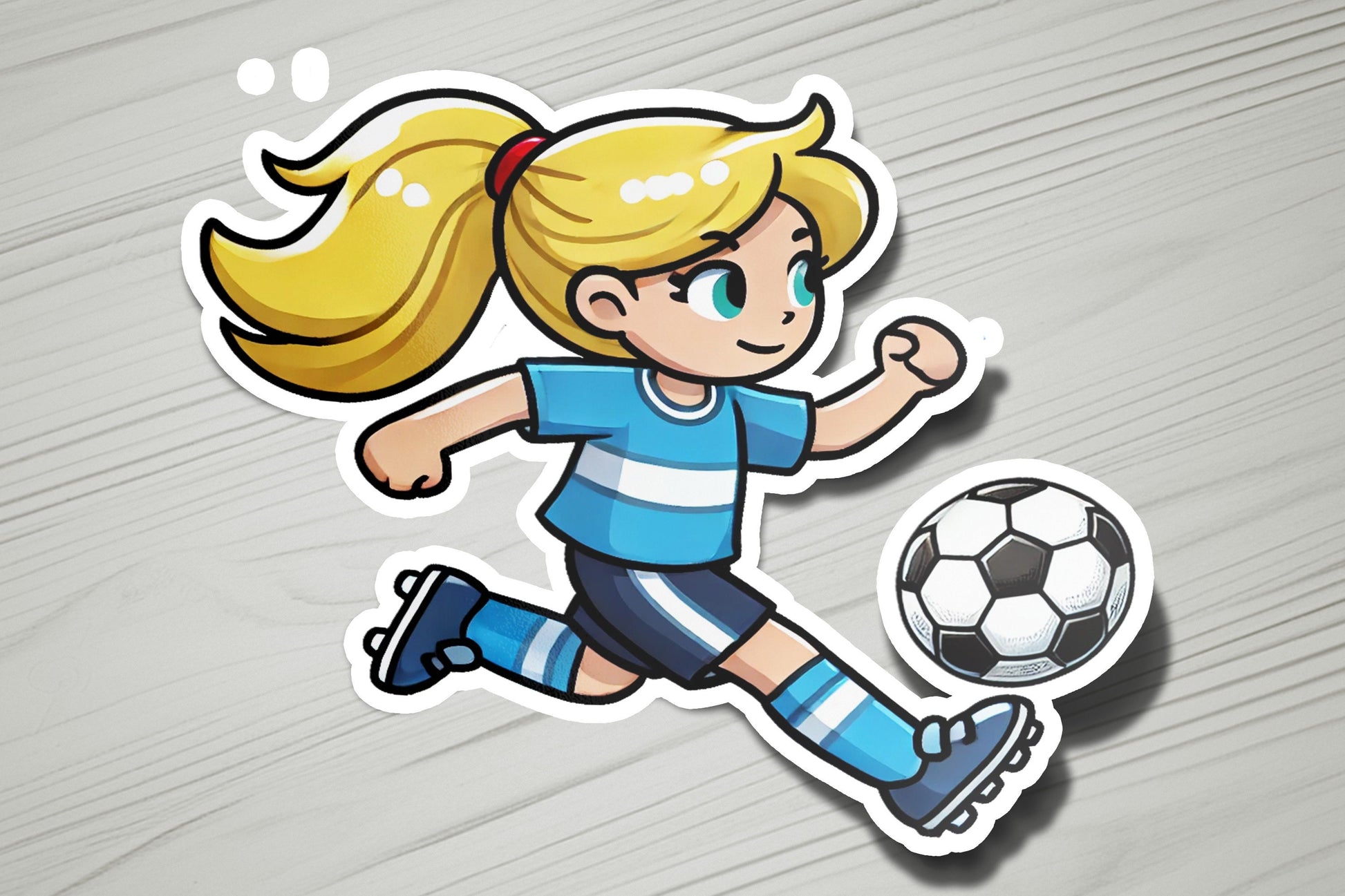 a sticker of a girl kicking a soccer ball