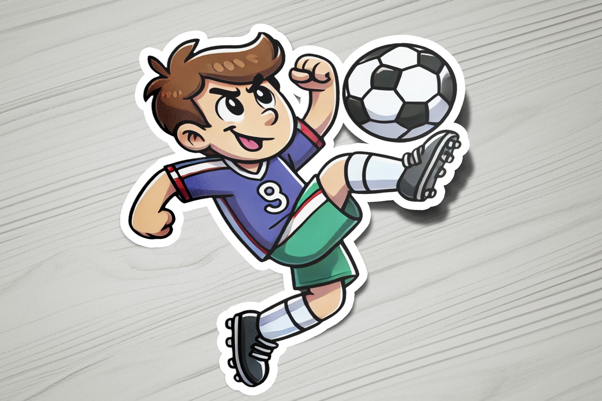 a sticker of a boy kicking a soccer ball