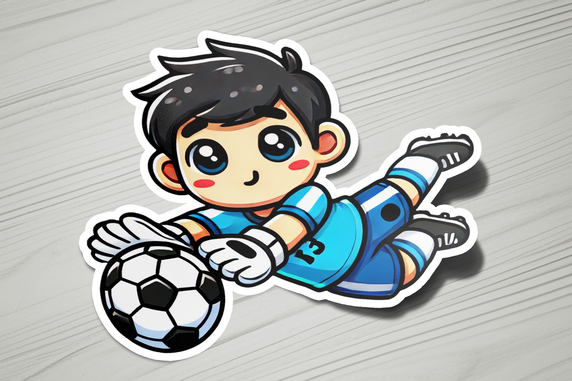 a sticker of a boy kicking a soccer ball