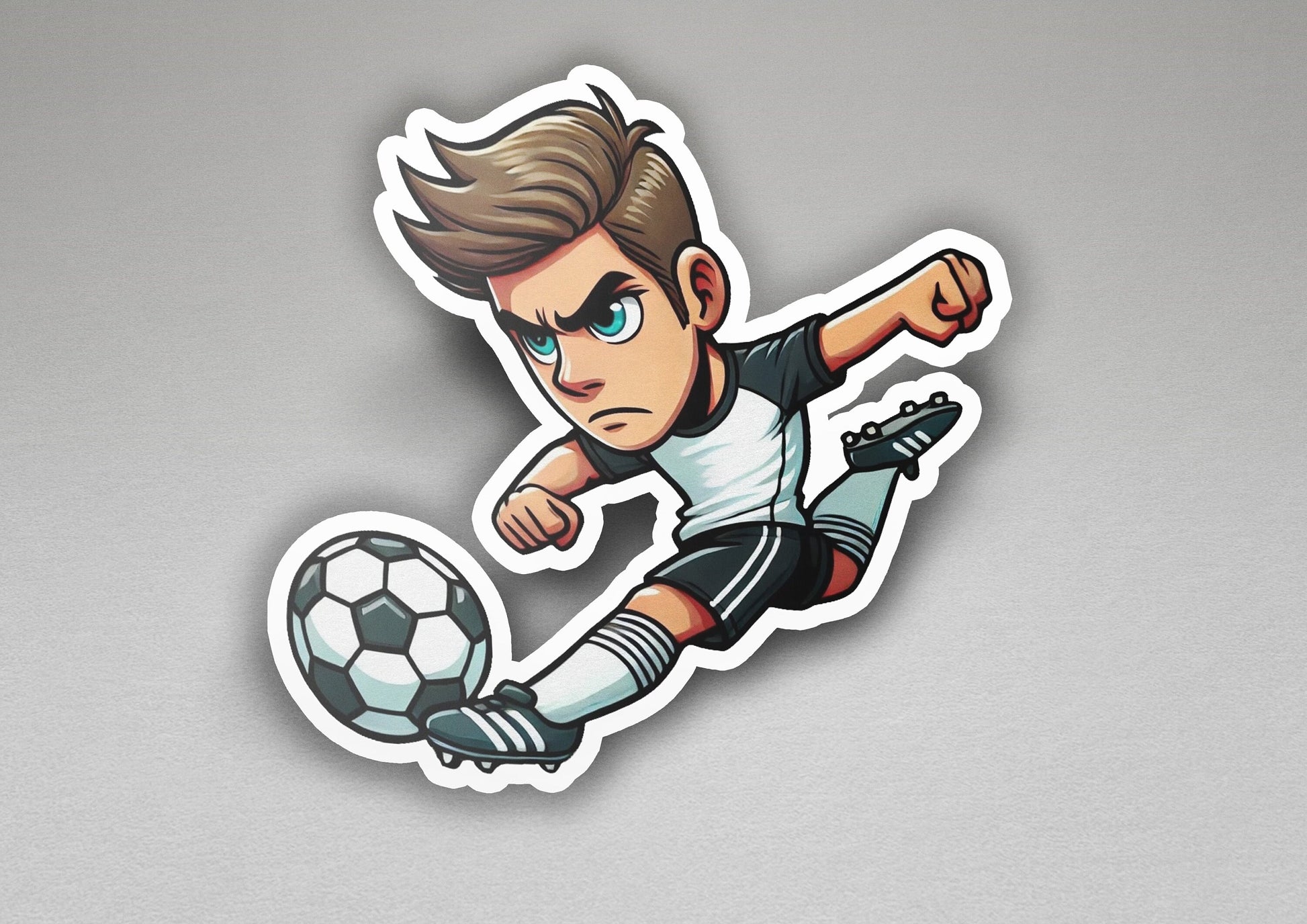 a sticker of a man kicking a soccer ball