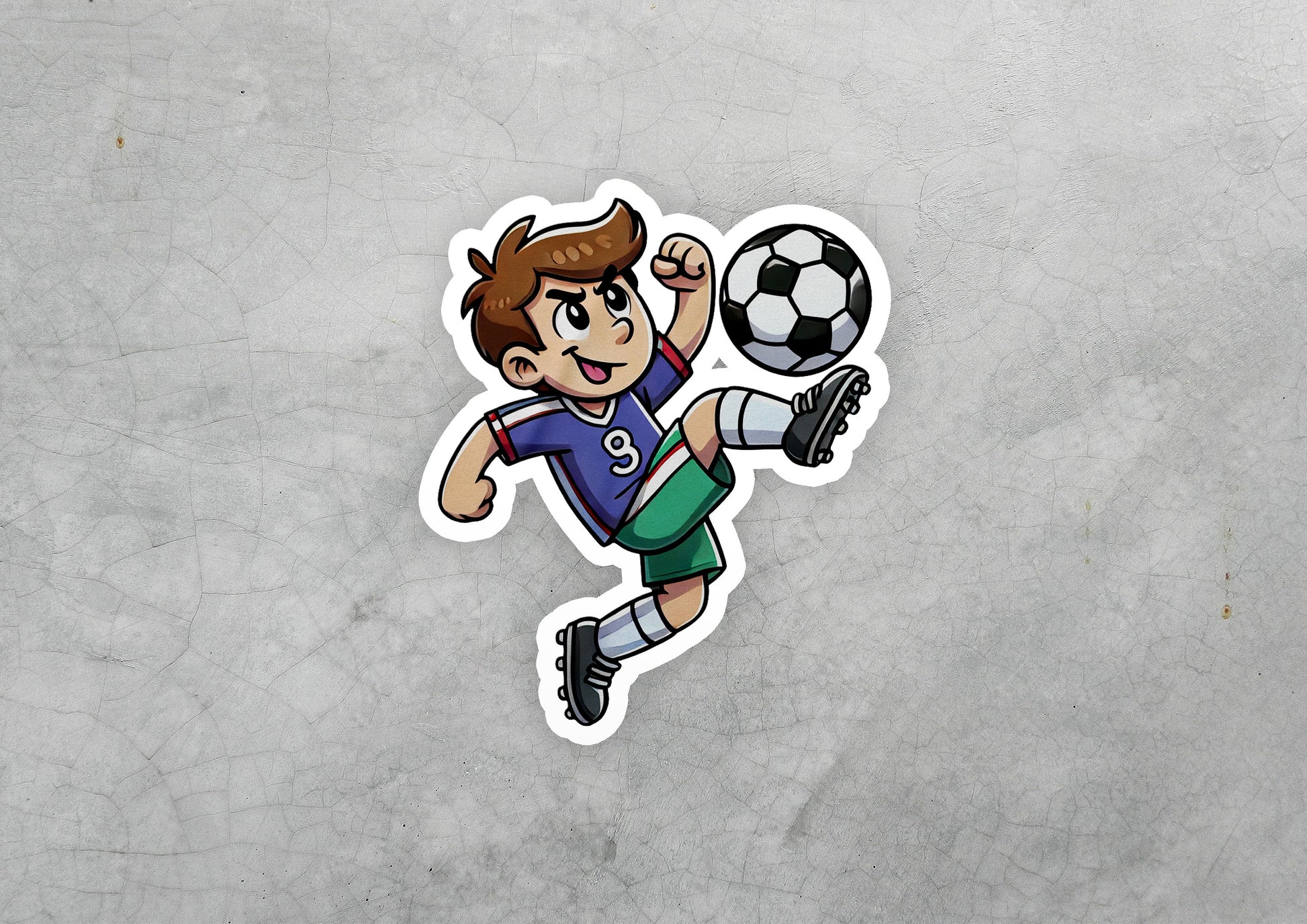 a sticker of a boy kicking a soccer ball