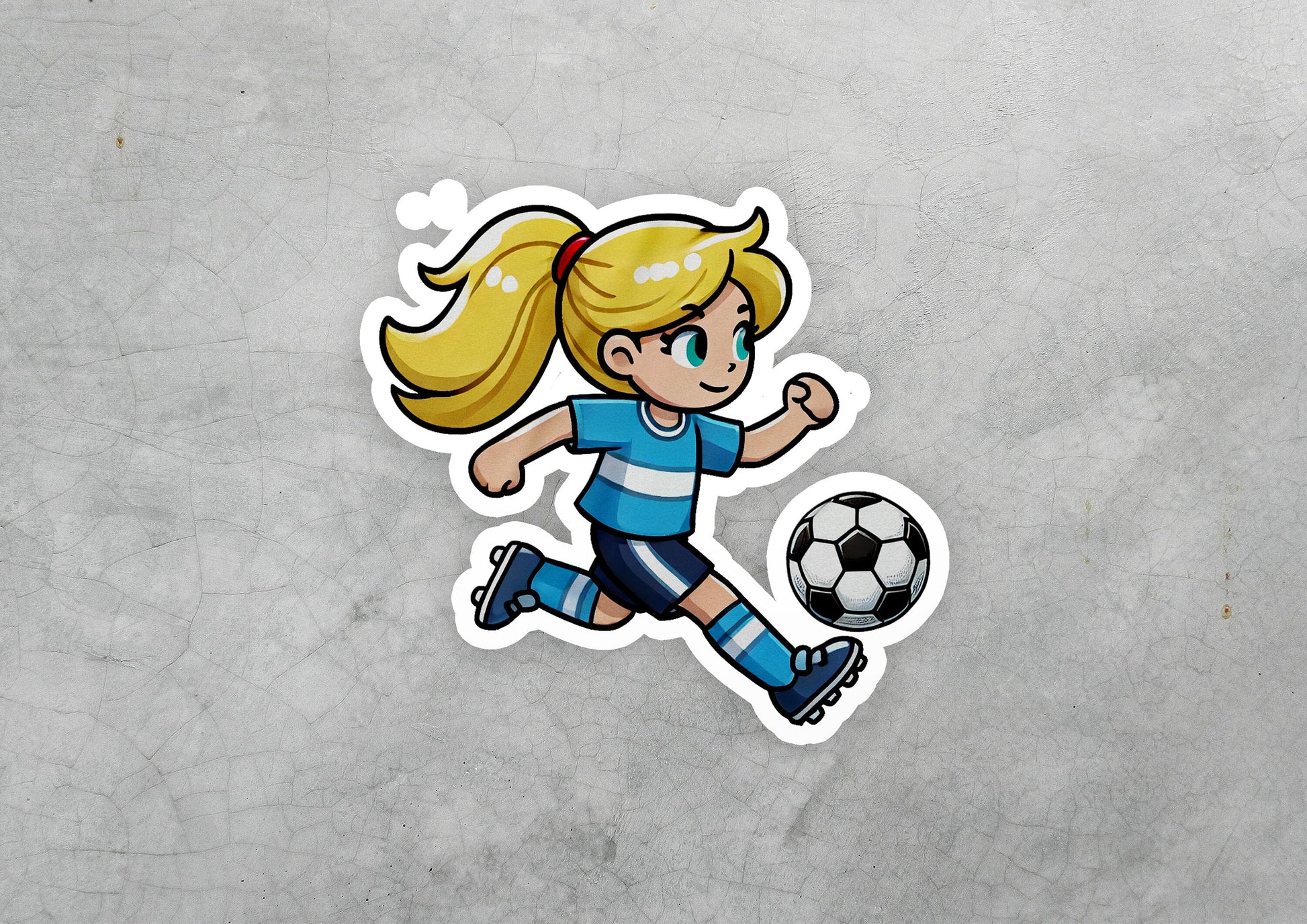 a sticker of a girl kicking a soccer ball