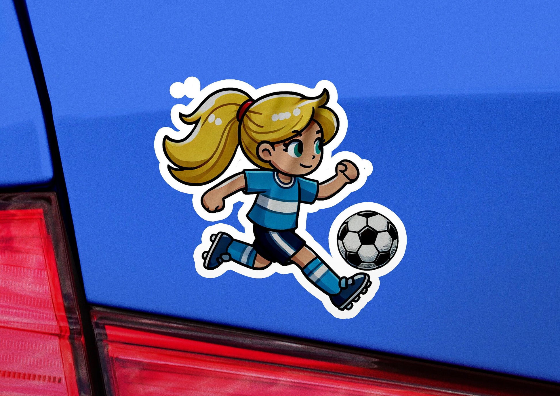 a sticker of a girl kicking a soccer ball