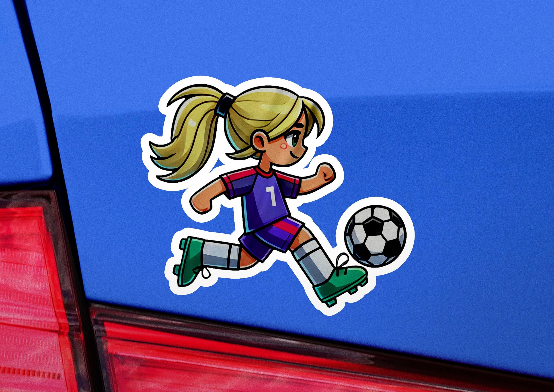 a sticker of a girl kicking a soccer ball