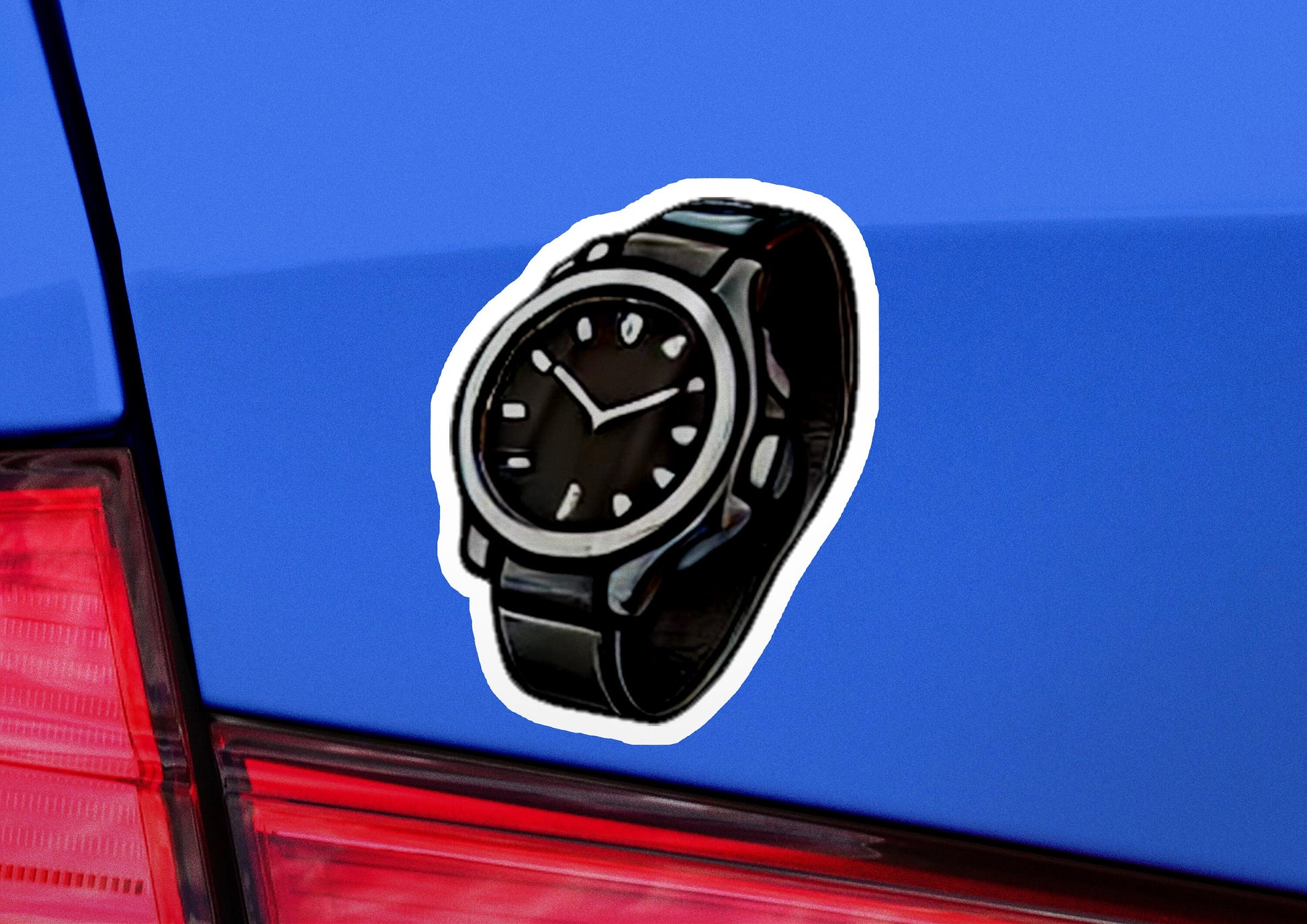 a watch sticker on the back of a car