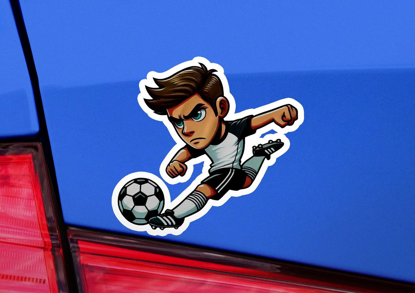 a sticker of a soccer player kicking a soccer ball