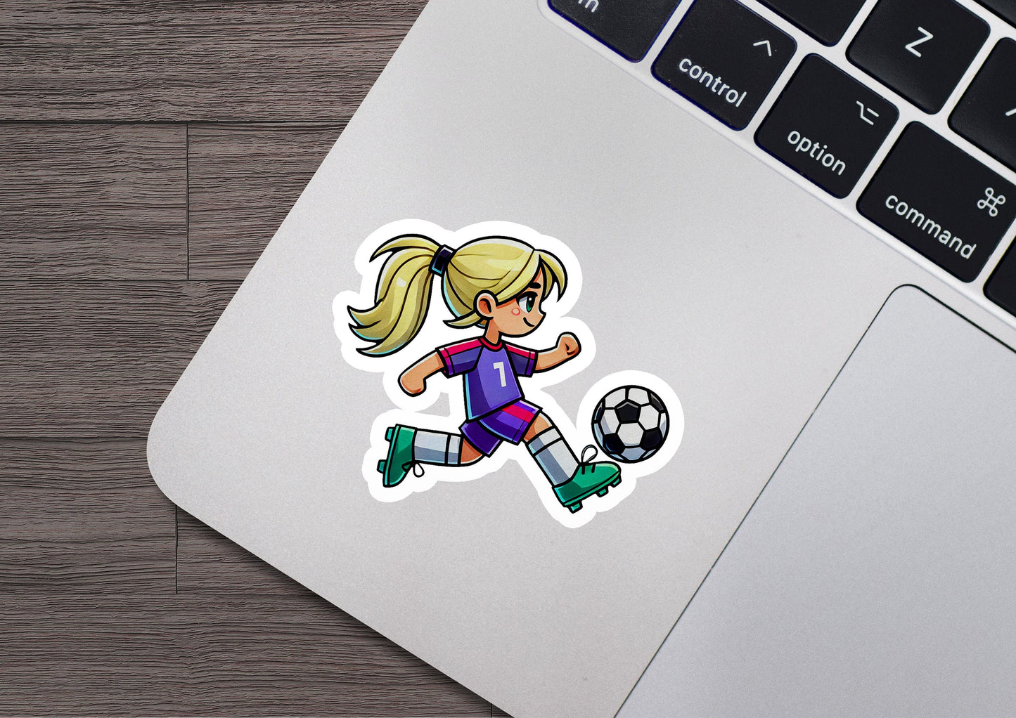 a sticker of a girl kicking a soccer ball