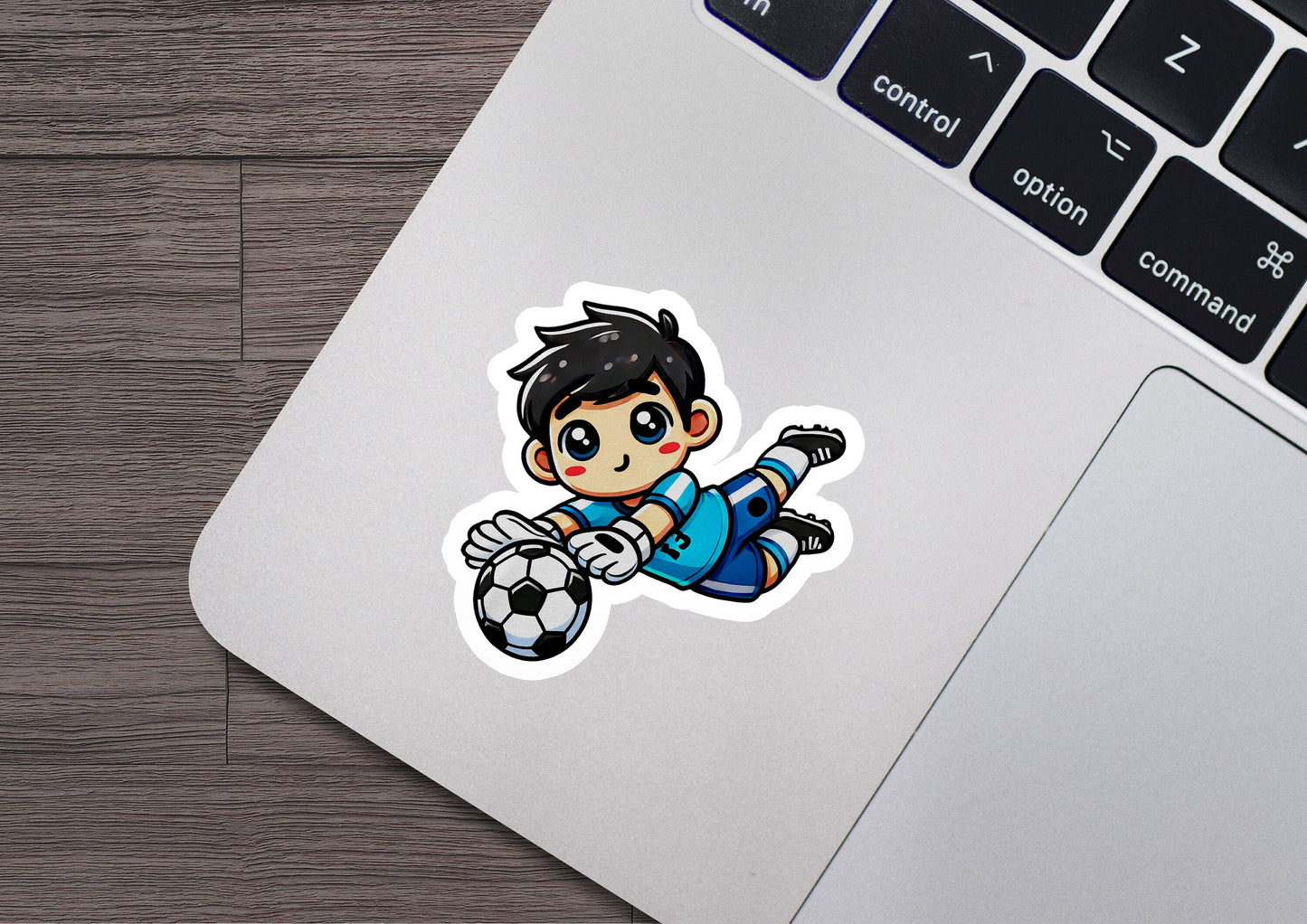 a sticker of a boy kicking a soccer ball