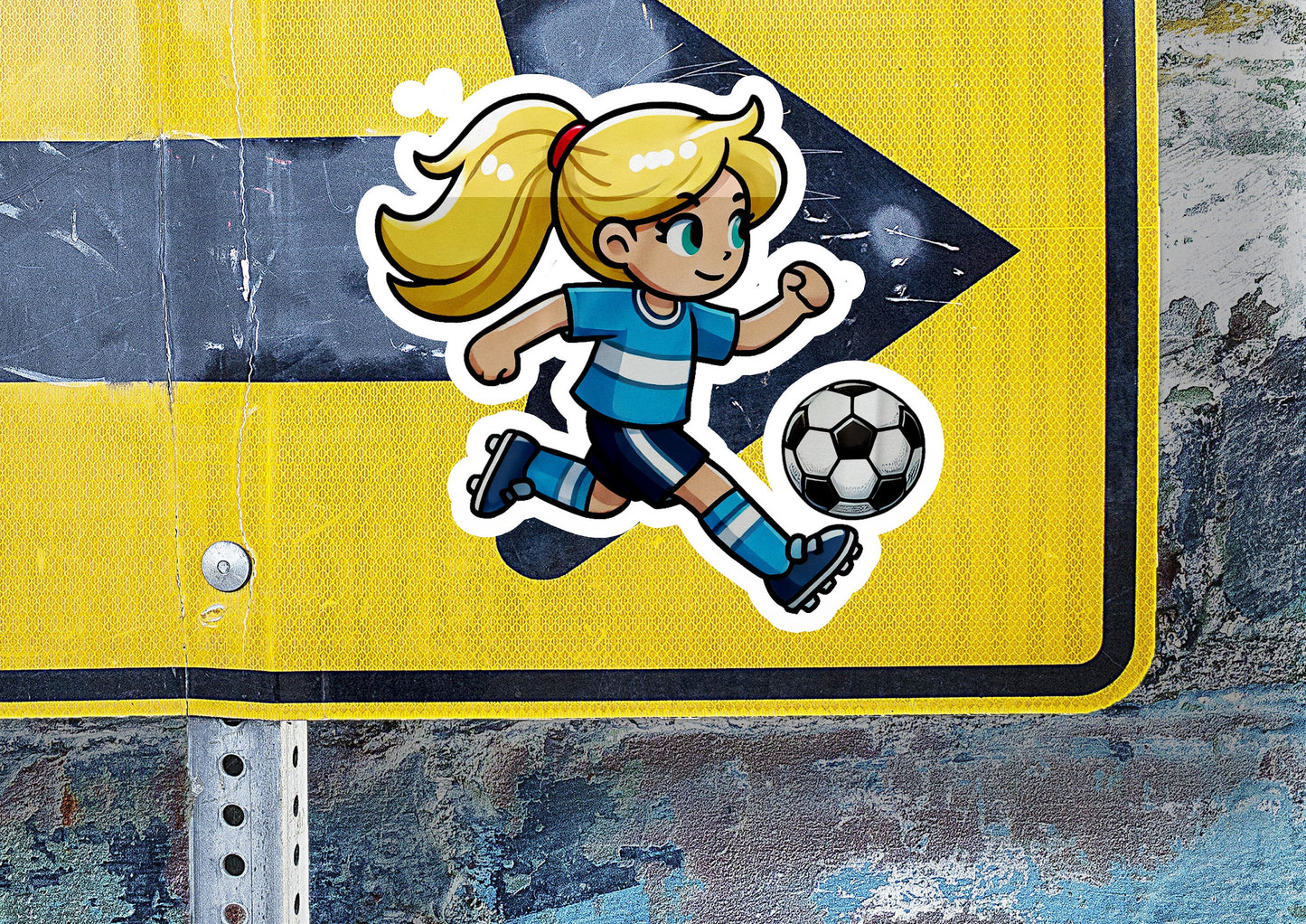 a sticker of a girl kicking a soccer ball