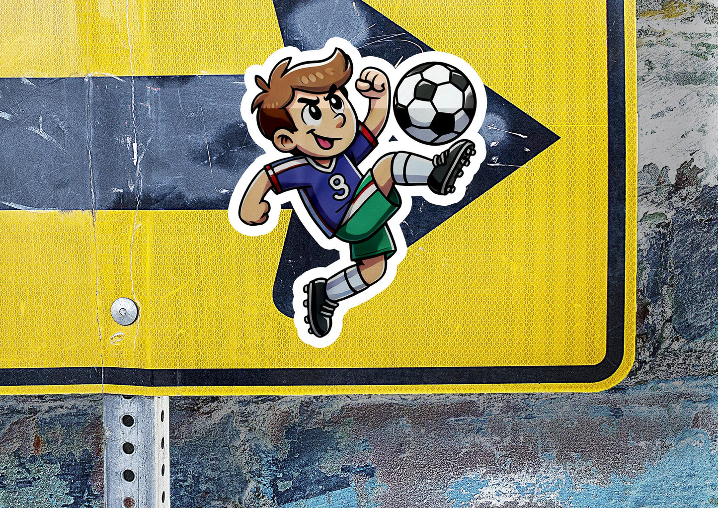 a sticker of a boy kicking a soccer ball