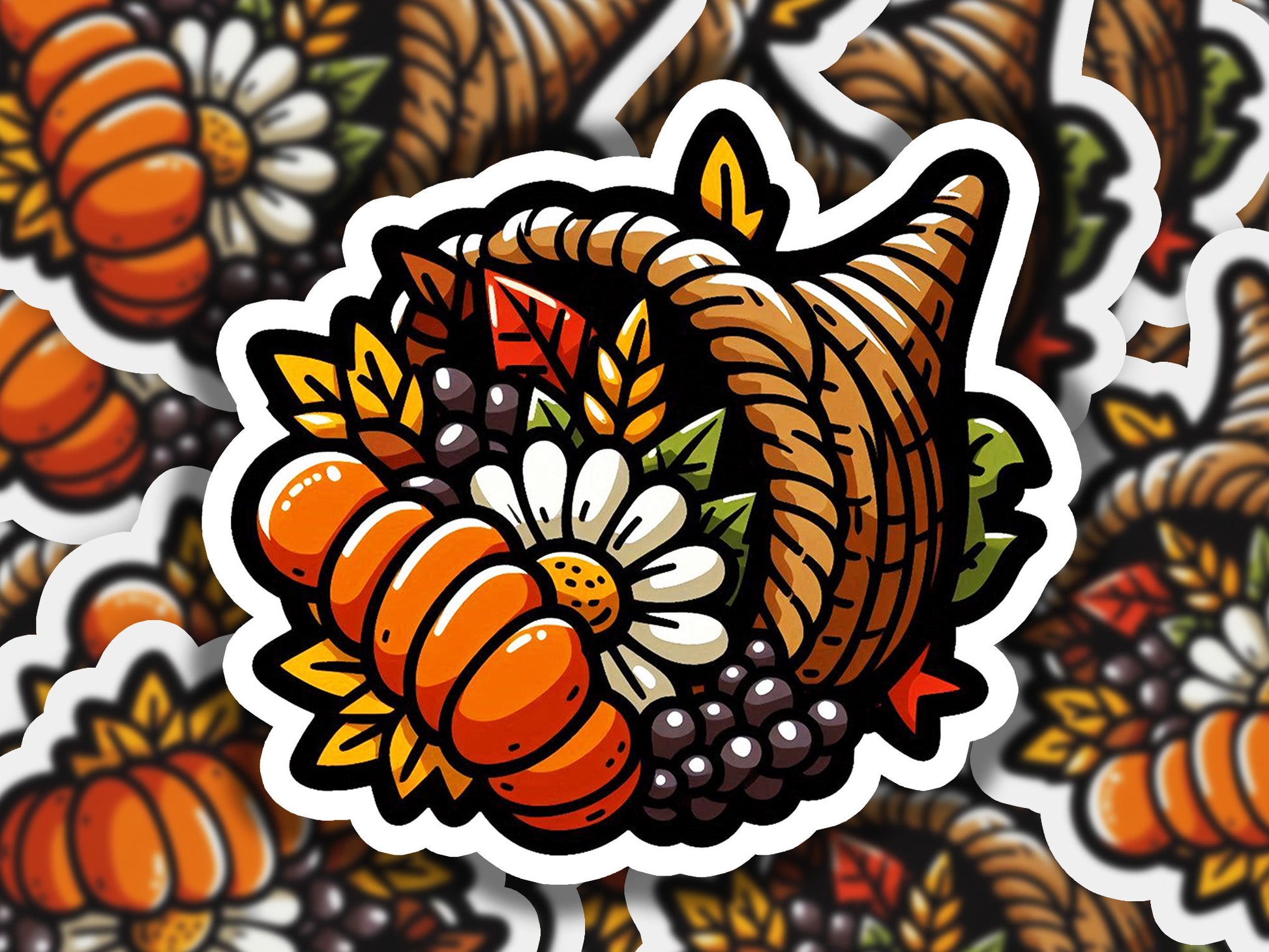 a sticker of a thanksgiving turkey surrounded by pumpkins