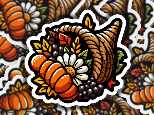 a sticker of a thanksgiving turkey surrounded by pumpkins