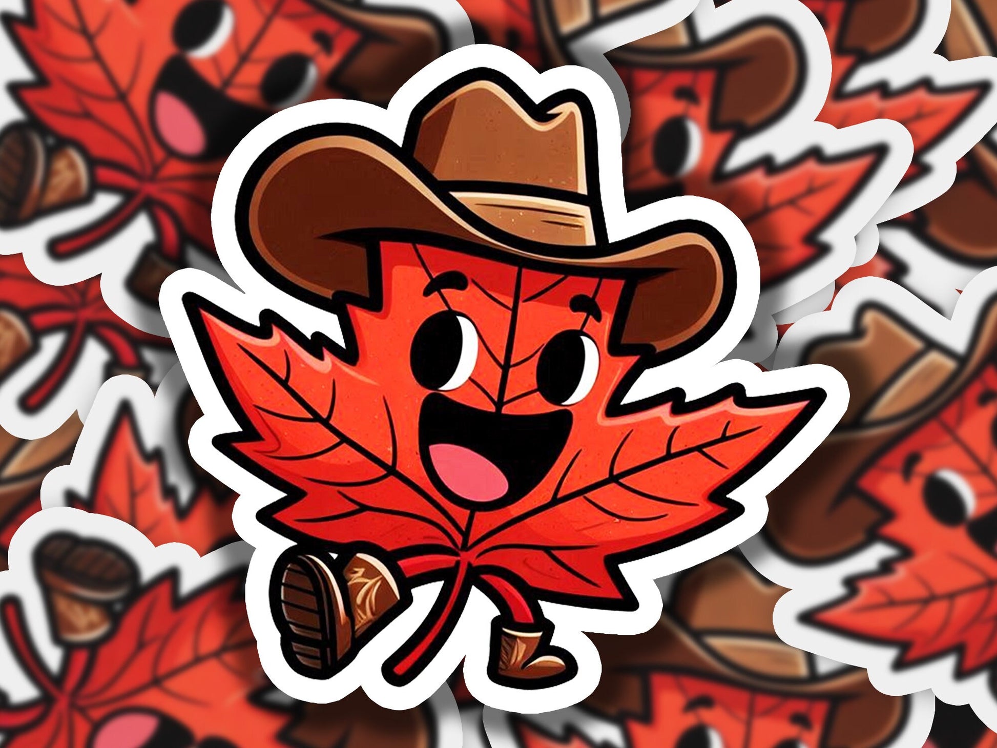 a sticker of a leaf with a cowboy hat on it