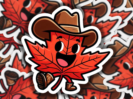 a sticker of a leaf with a cowboy hat on it