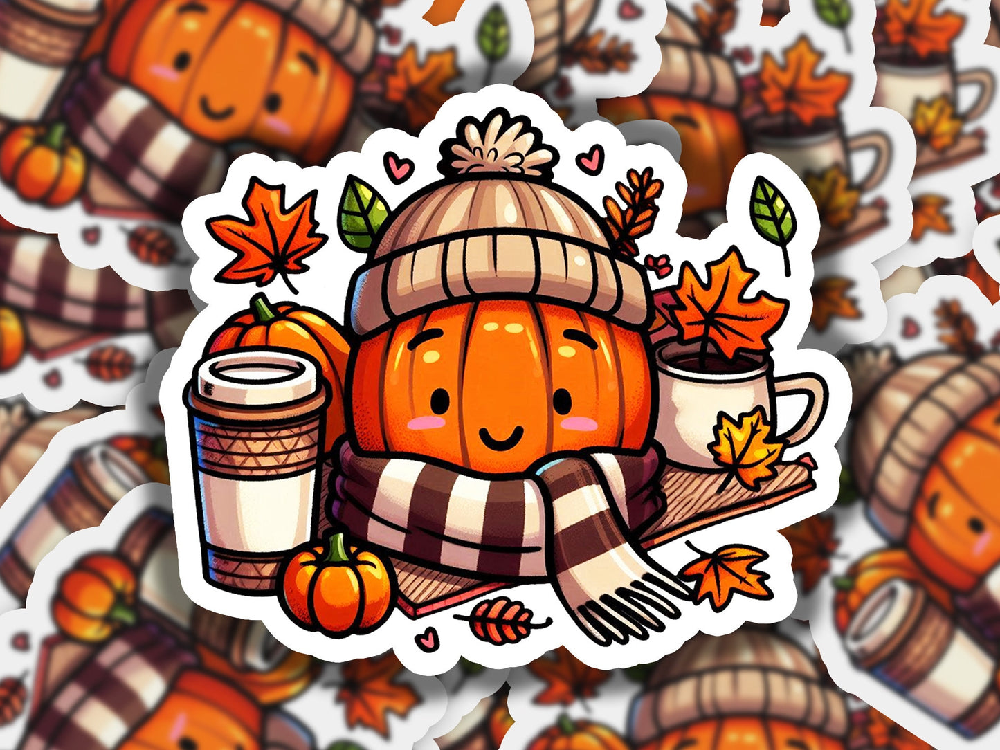 a sticker of a pumpkin with a scarf and a cup of coffee