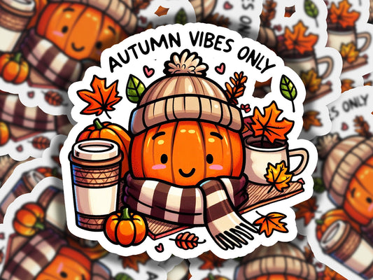 a sticker of a pumpkin with a knitted cap