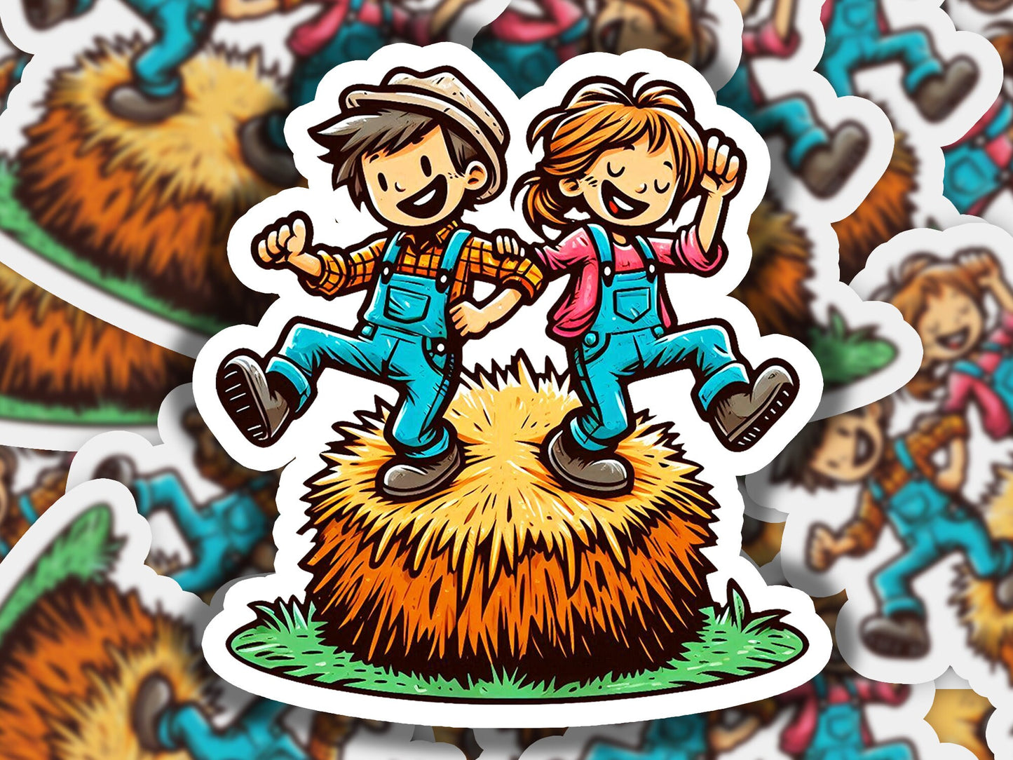 a sticker of two people jumping over a pile of hay